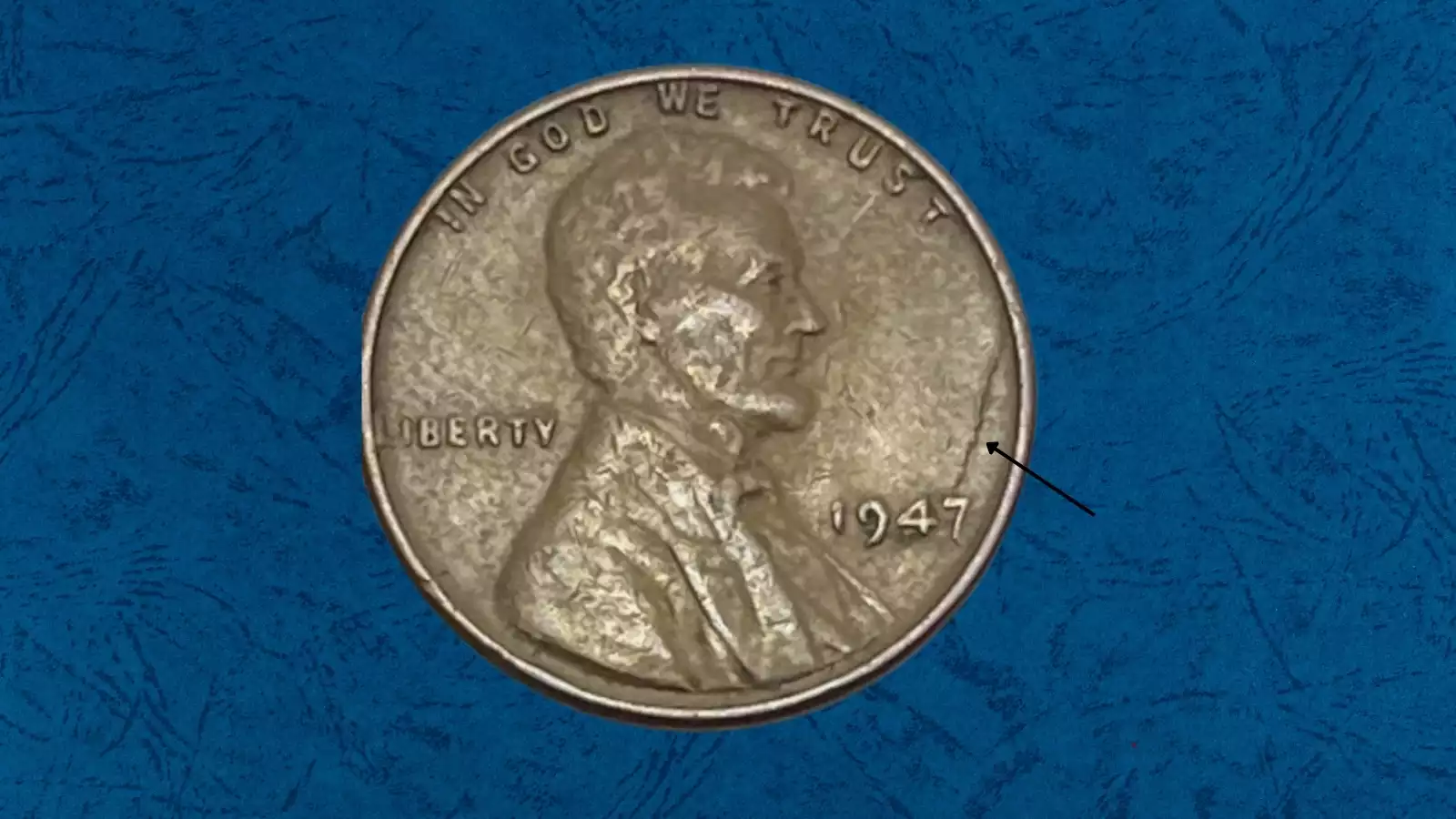 1947 wheat penny die crack BIE error showing raised line between B and E of LIBERTY on obverse