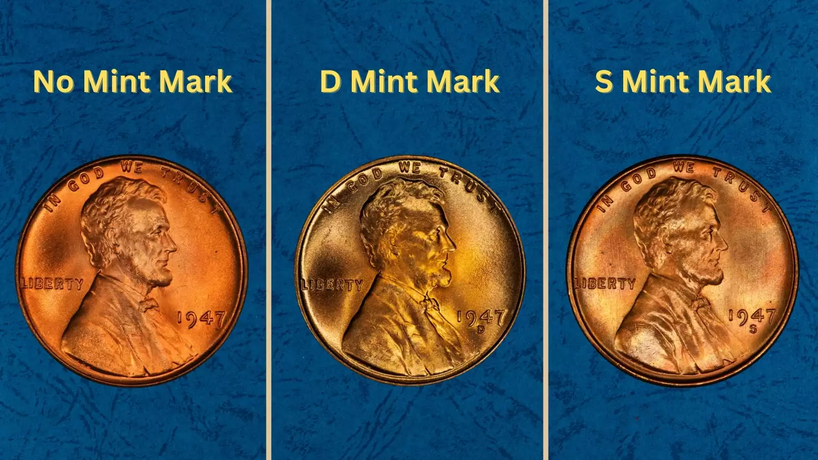 1947 wheat penny grading strip showing four coins in Worn, Circulated, Uncirculated, and Gem Red conditions from left to right